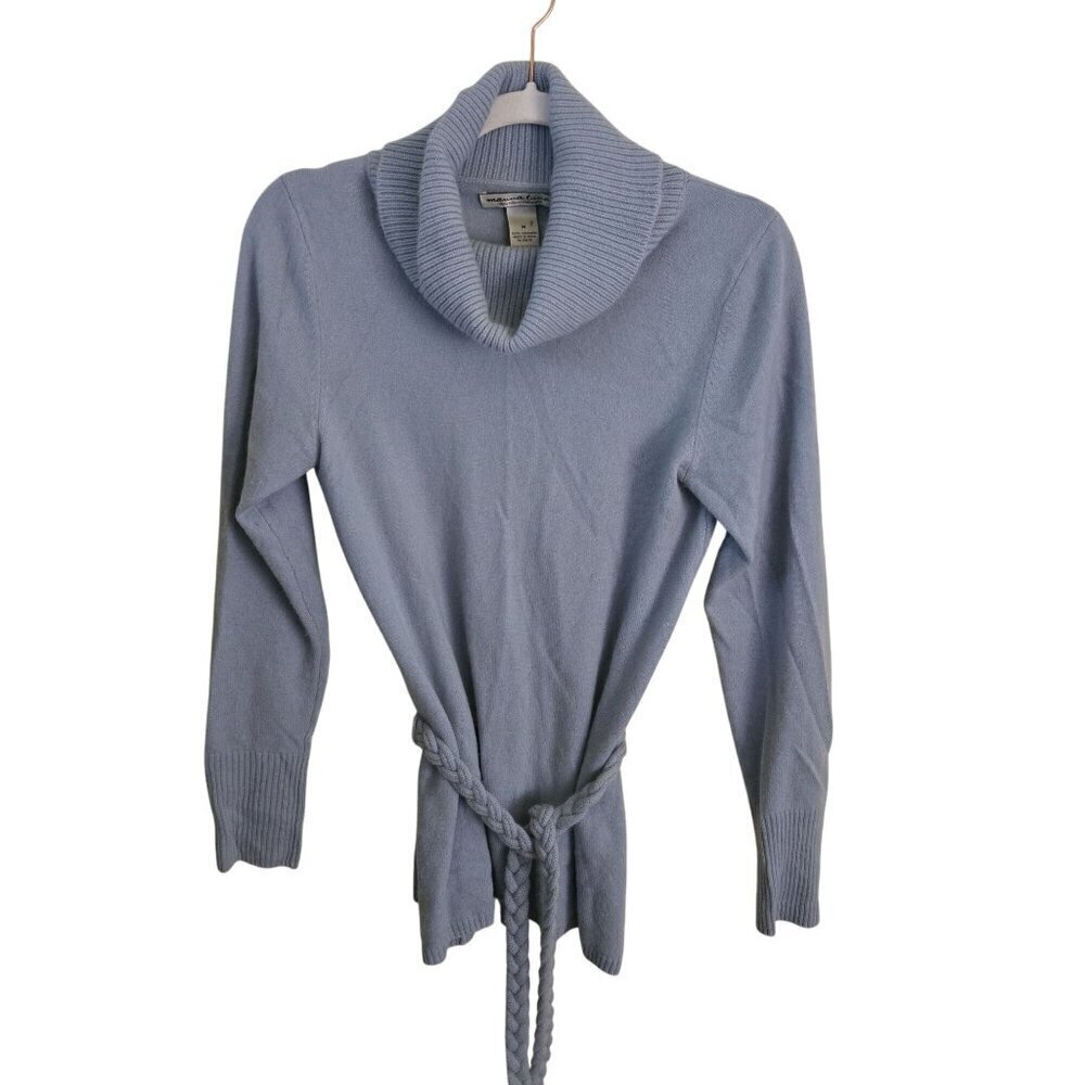 Marina Luna 100% Luxury Cashmere Baby Blue Cowl Neck Braided Belt Sweater Size M